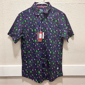 Monument Navy Christmas Tree Holiday Short Sleeve Button Front Shirt NWT M